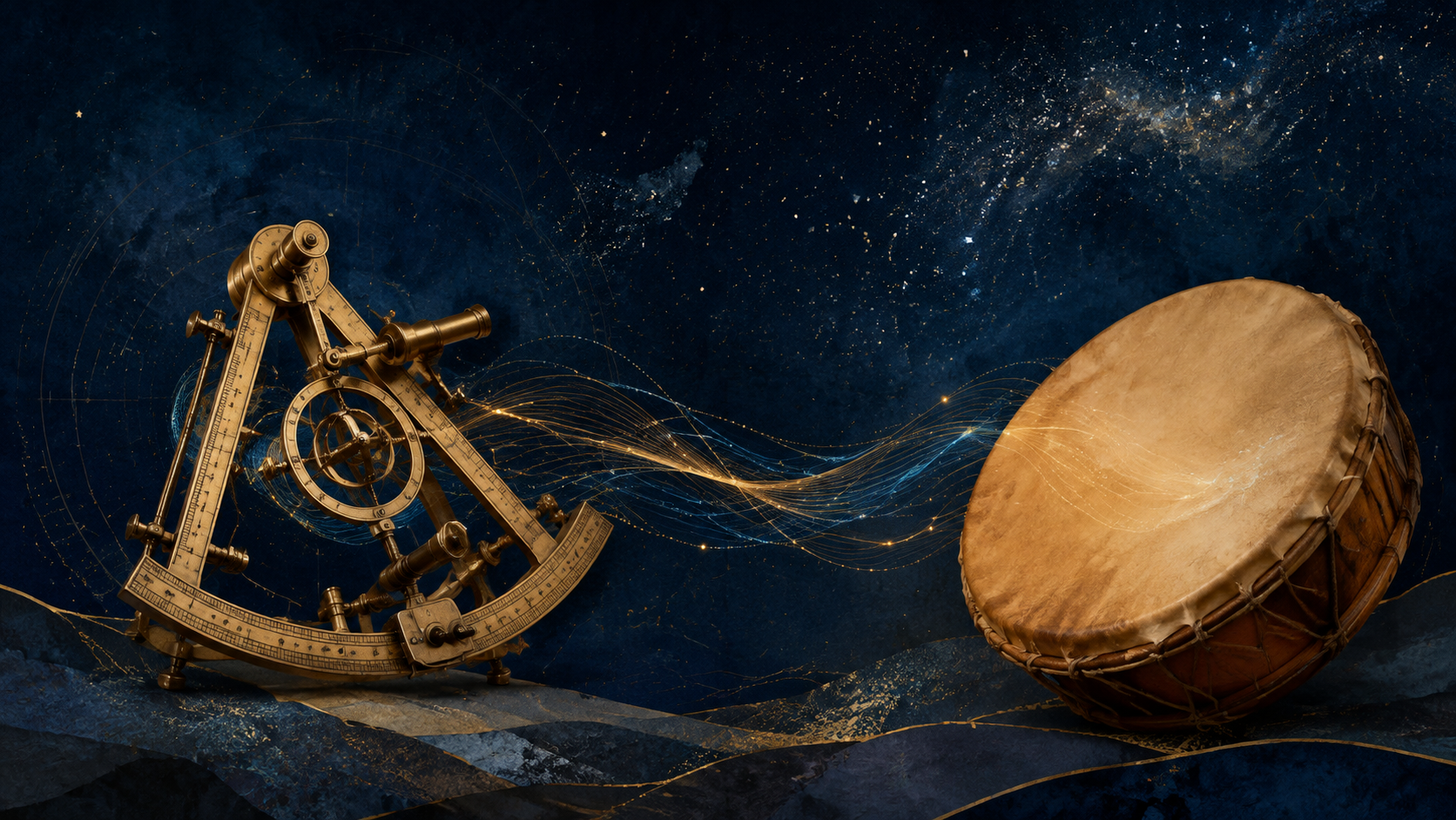 Un instrument astronomique et un tambour reliés par une onde lumineuse sous un ciel étoilé